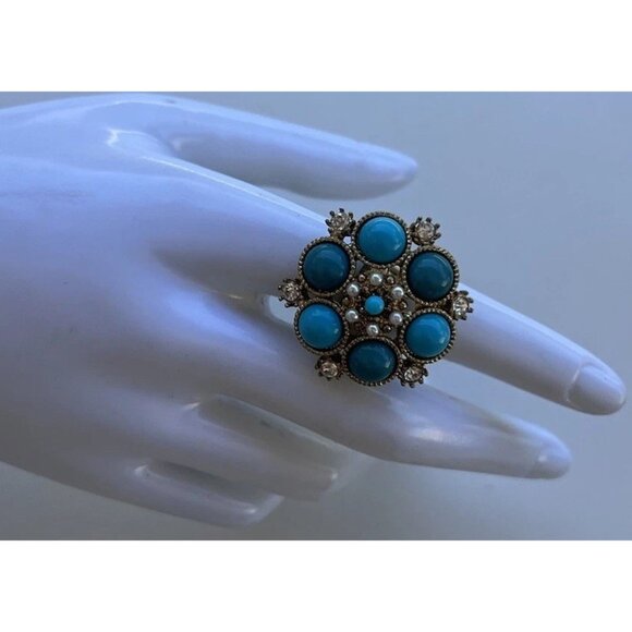 Vintage Size 6.5 Silver Oval Turquoise Pearl White Stone Faux Ring Western Style - Picture 1 of 11